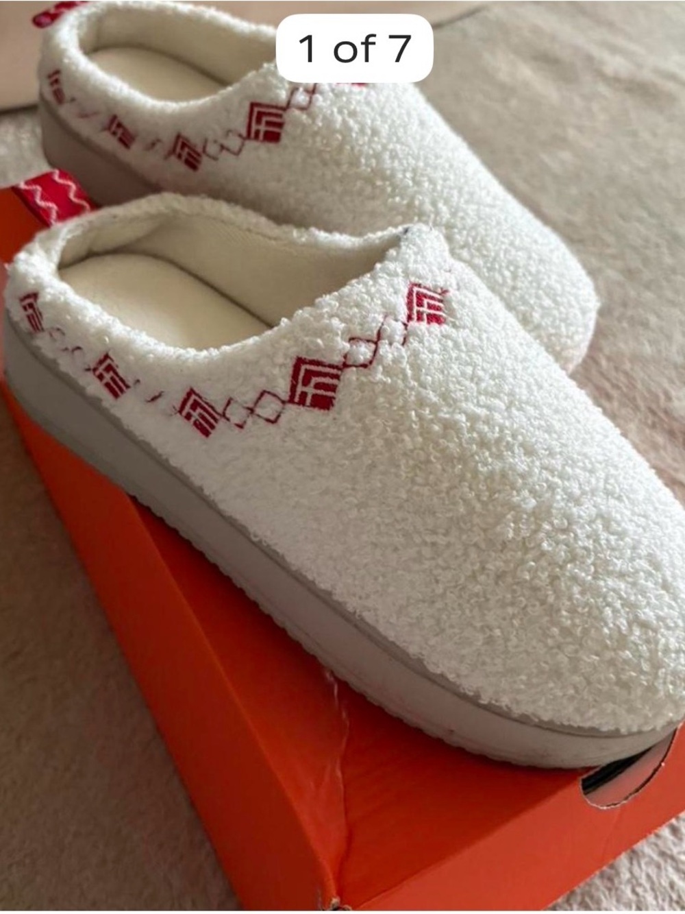 White Sherpa Slip-On Mules with Red Embroidered Detail